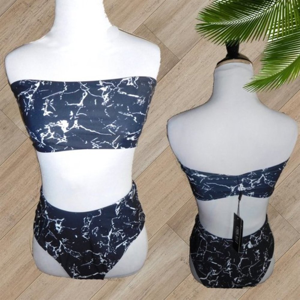 BLACK MARBLE BANDEAUX TWO PIECE SWIMSUIT